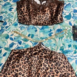 Leopard Print Satin Crop Top and Skirt Set